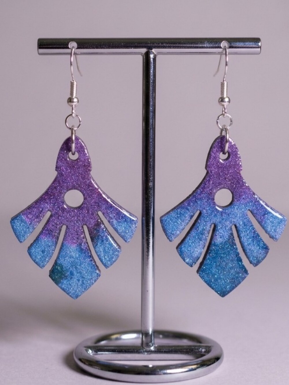 Handcrafted Purple & Blue Wooden Deco Fan Earrings | Hypoallergenic